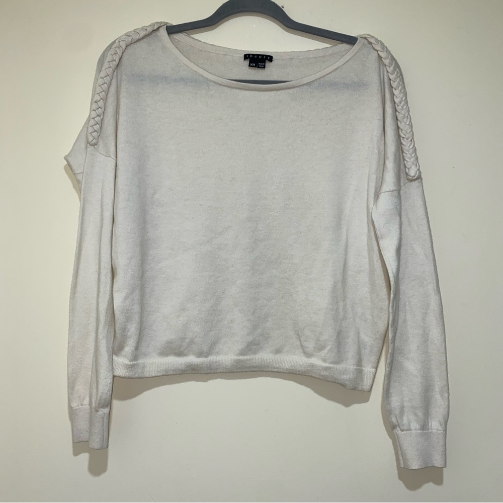 Women’s Theory Brand Cashmere Blend Janey style Cream Sweater with Braids size M